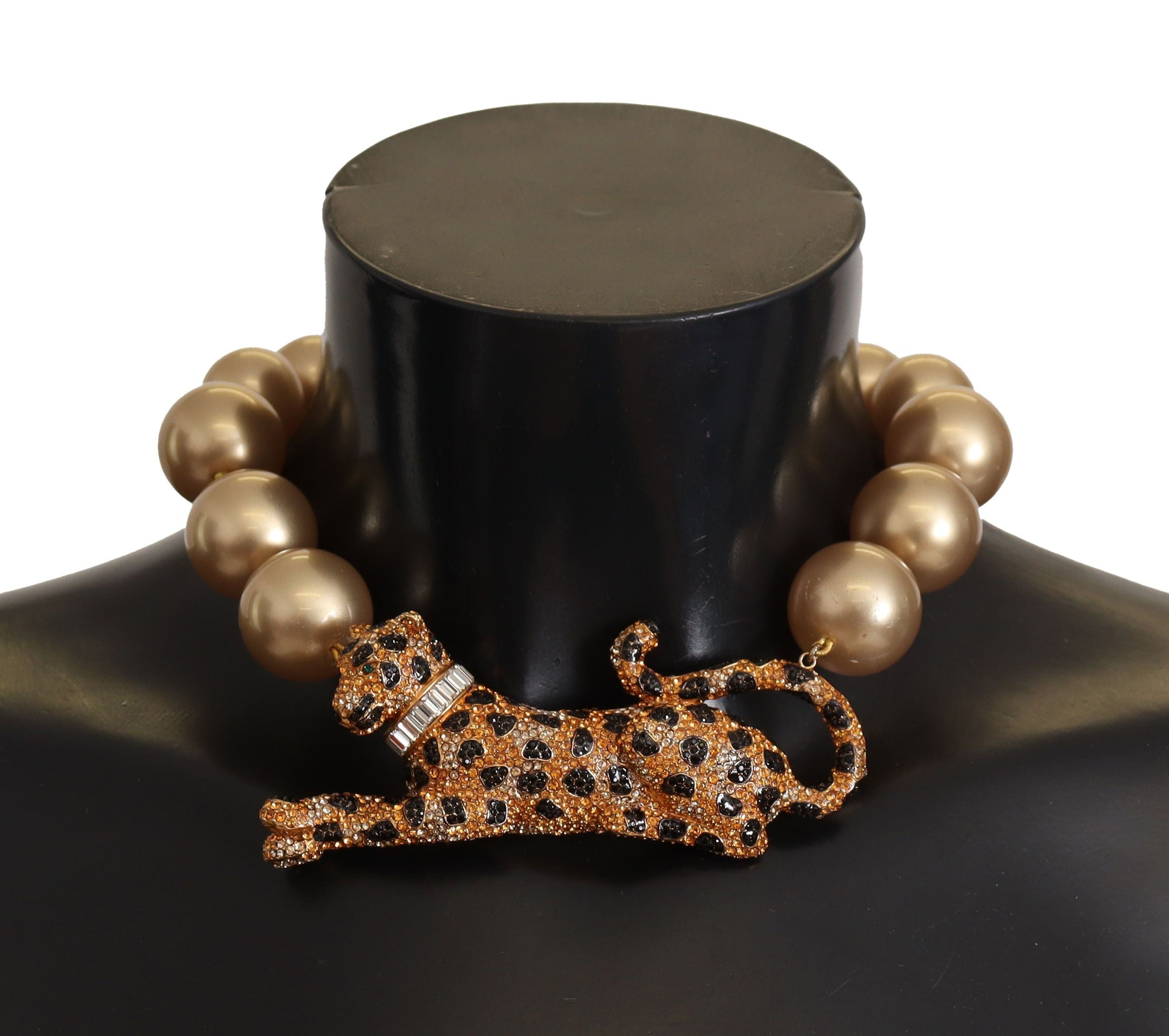 Dolce & Gabbana Gold Brass Chain Crystal Pearl Leopard Pendant