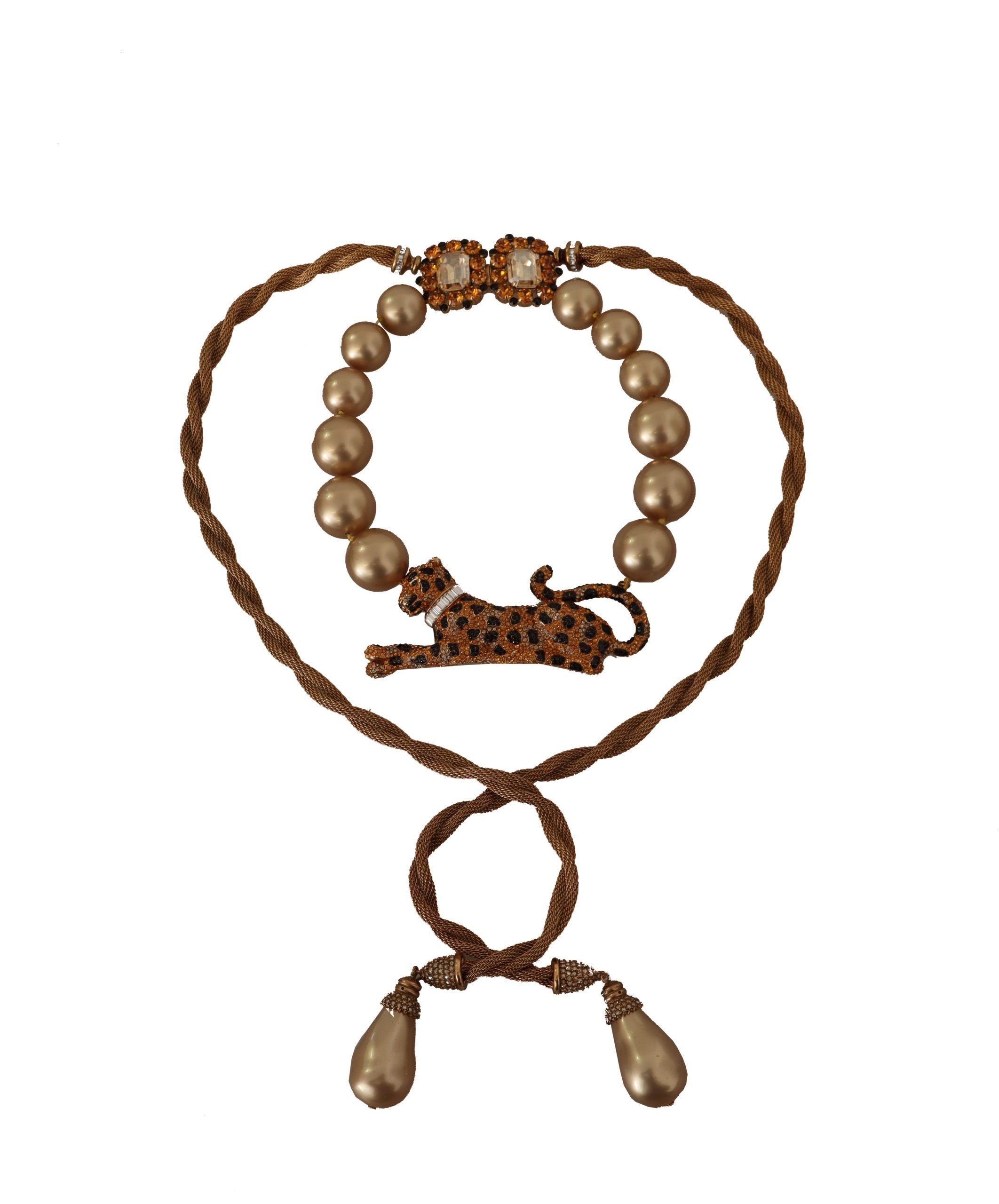 Dolce & Gabbana Gold Brass Chain Crystal Pearl Leopard Pendant