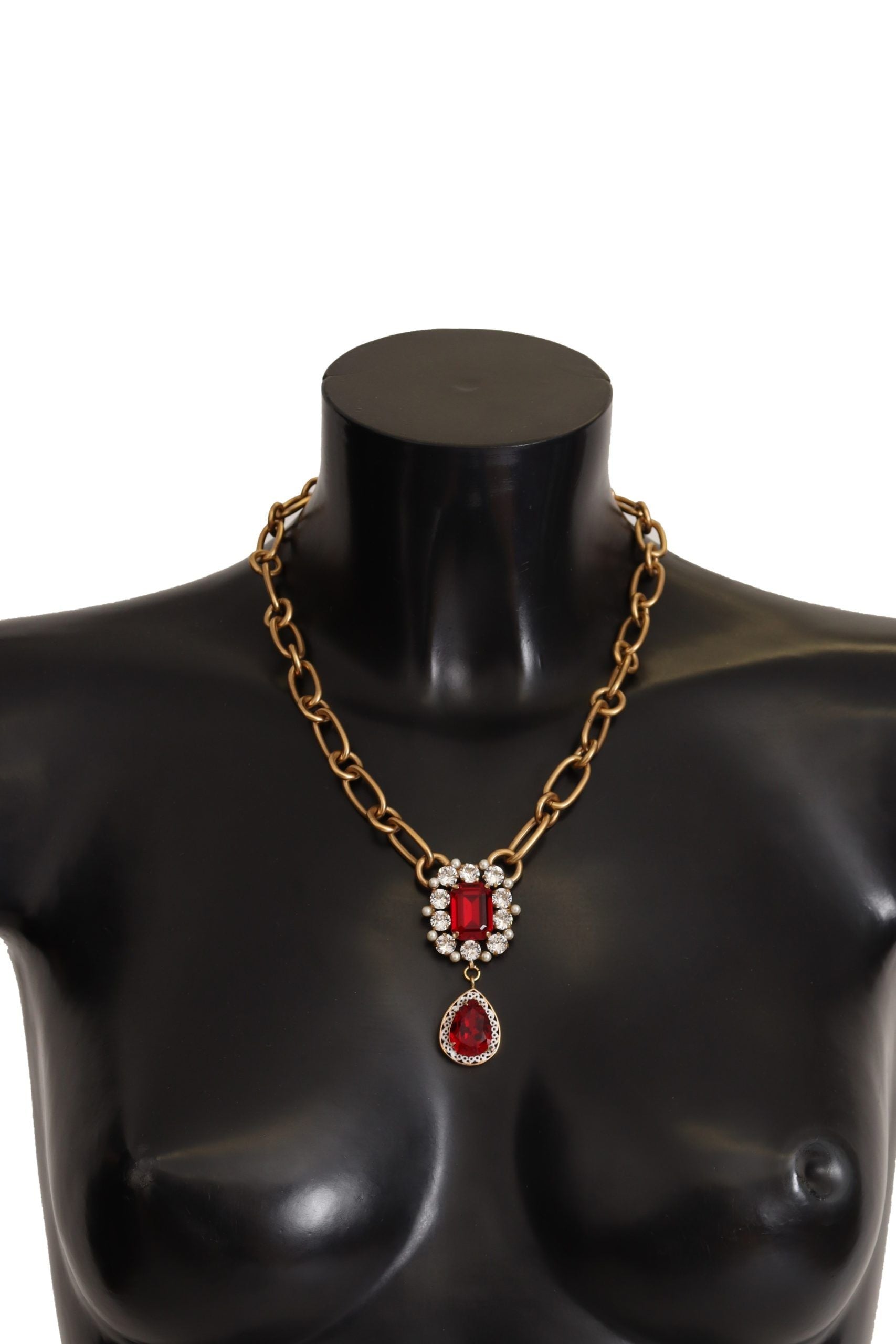 Dolce & Gabbana Gold Brass Chain Red Crystal Pendant Statement