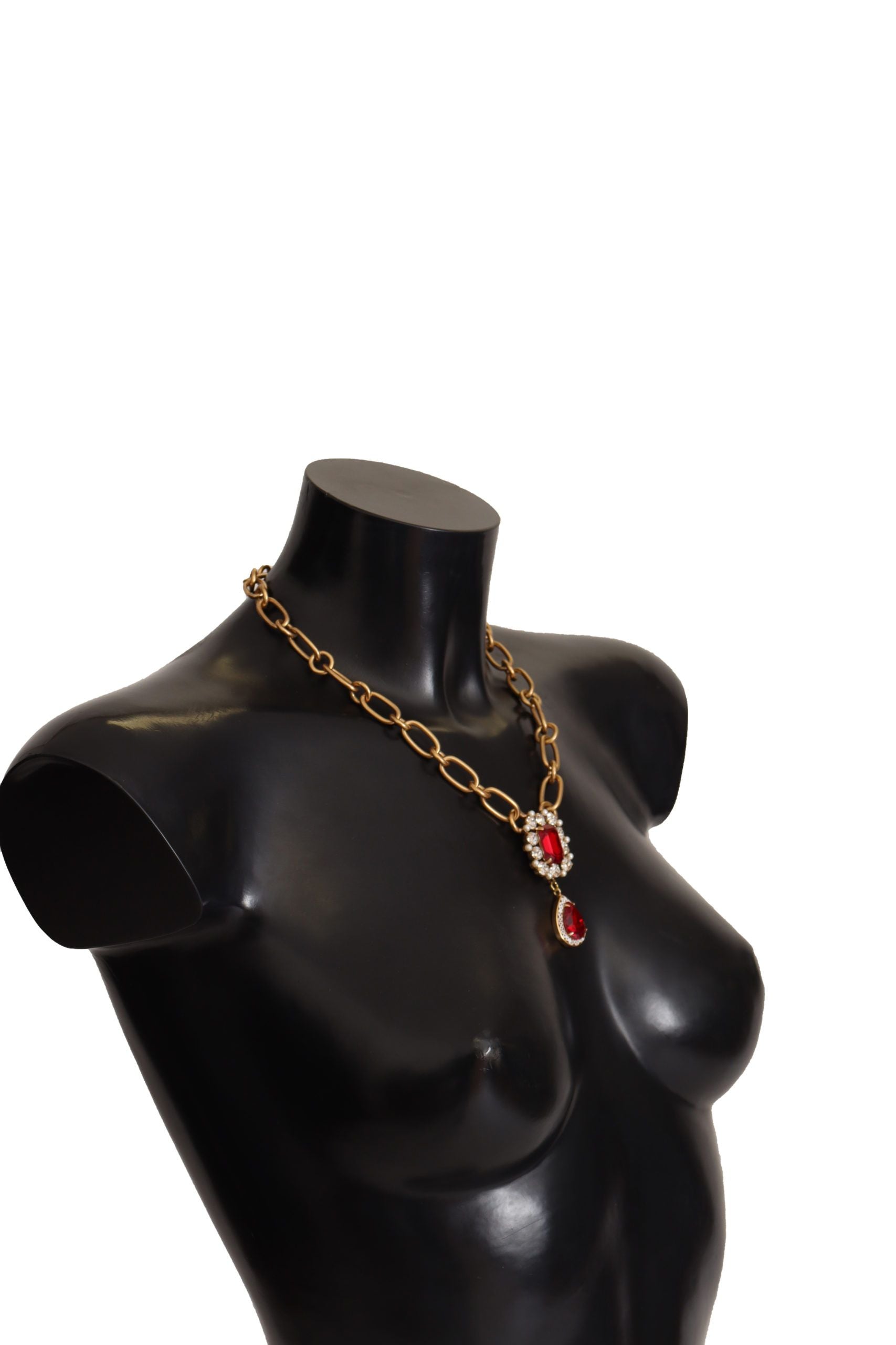 Dolce & Gabbana Gold Brass Chain Red Crystal Pendant Statement
